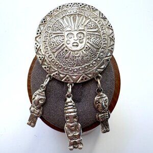 VTG 900 Silver Aztec Tribal Design Tassel Circle Brooch Size 2.75'' Length